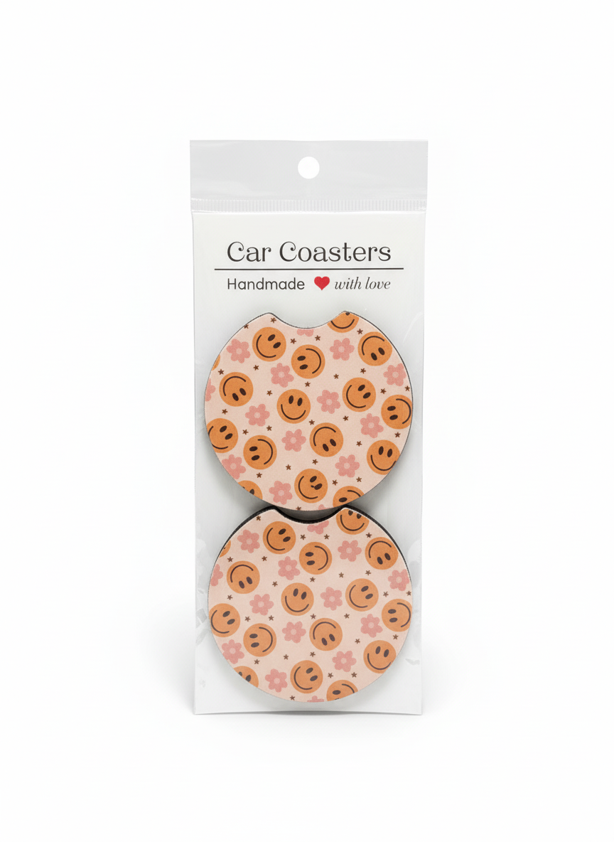 🌼 Retro Happy Daisy Car Coasters