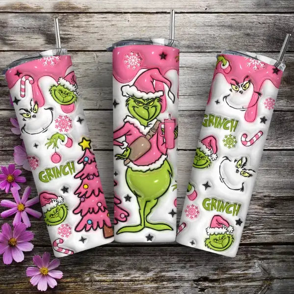 Pink Grinch Puffy Skinny Tumbler