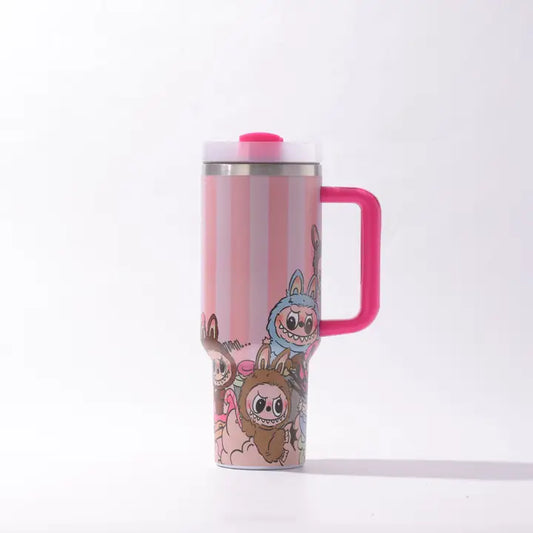 Labubu 40oz Insulated Tumbler with Handle - Pink Stripes
