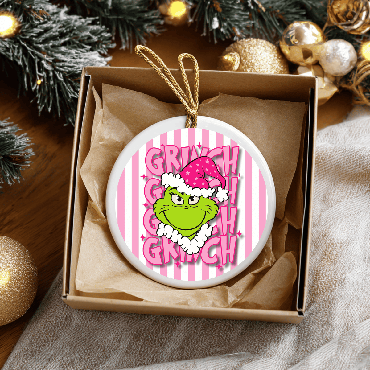 Pink Stripe Grinch  Ceramic Ornament