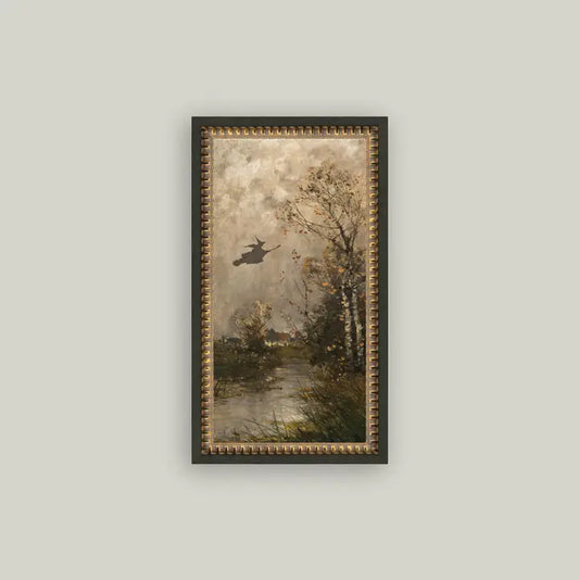Petal Lane Home - Flying Witch Landscape Framed Antique Art (7 x 12)