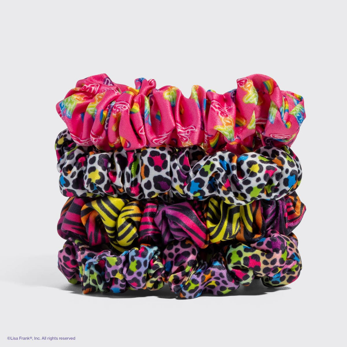 Lisa Frank x Kitsch Ruched Satin Scrunchies in Rainbow Leopard