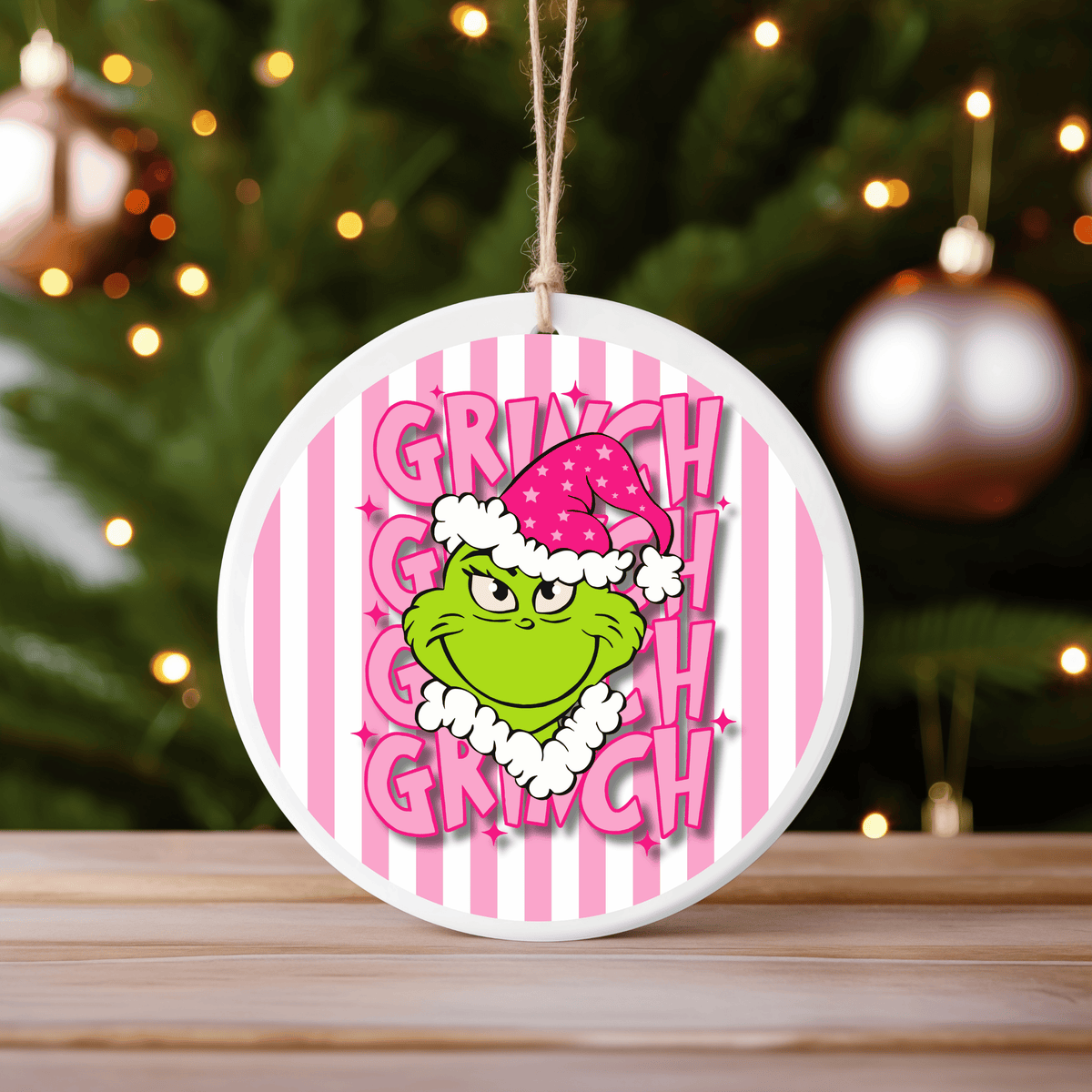 Pink Stripe Grinch  Ceramic Ornament