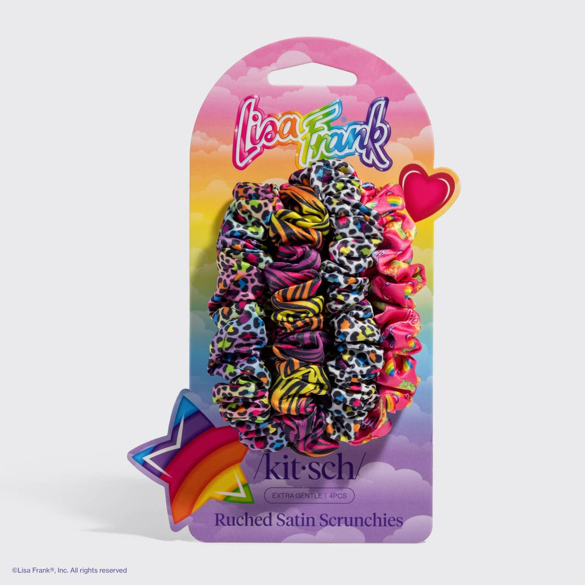 Lisa Frank x Kitsch Ruched Satin Scrunchies in Rainbow Leopard